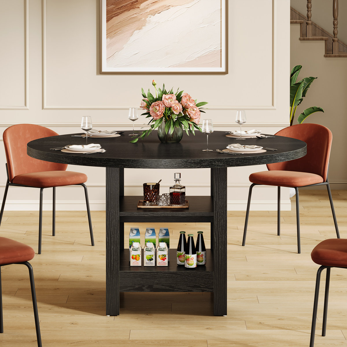 Ebern Designs Black Round Dining Table For 4, 47-inch Modern Kitchen ...